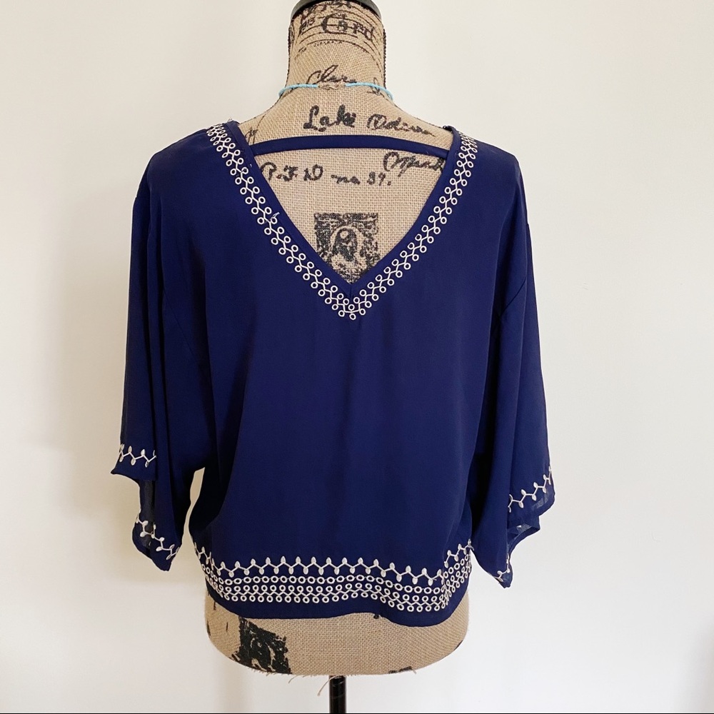 Monteau Boho Style Sheer Navy  Embroidered Top - Picture 7 of 8